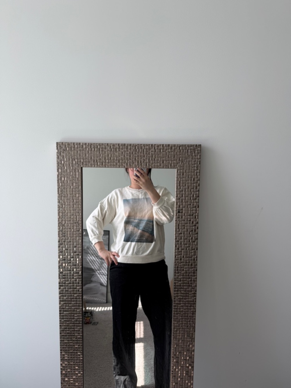 All Saints Cream Graphic Crewneck Sweatshirt